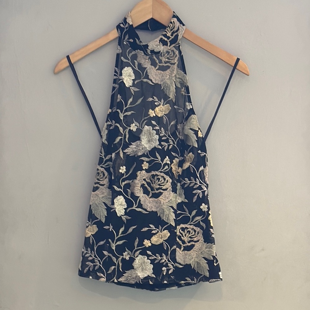 Floral Halter Top with Gold and Silver Embroidery